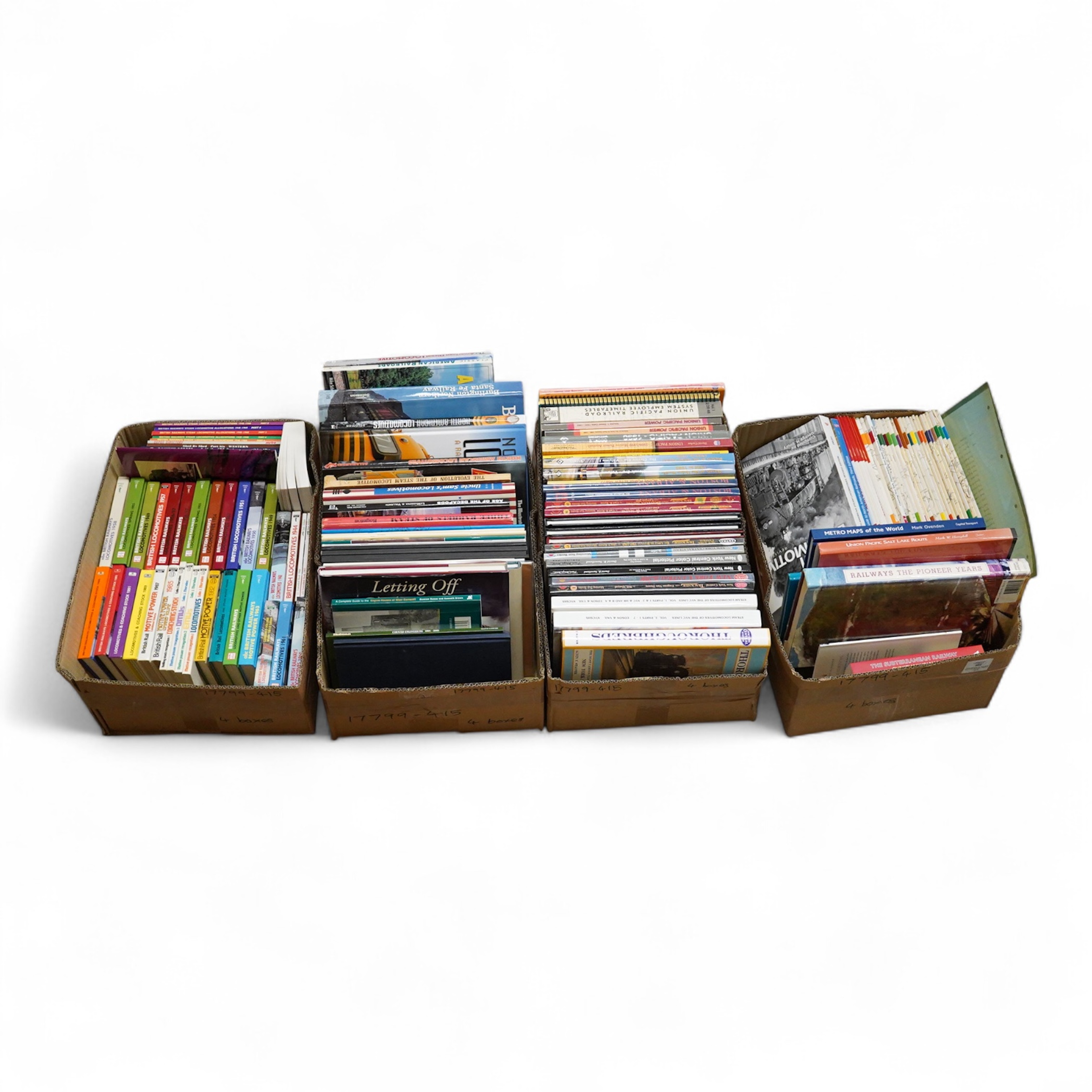Four boxes of railway related books, primarily American outline, subjects include; the Union Pacific, Boston & Albany, North American Locomotives, British Railways locomotives ABCs, etc., publishers include; Morning Sun